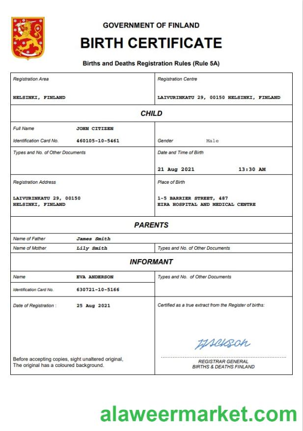 Finland vital record birth certificate Word and PDF template